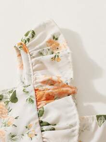 SHEIN Playful Pals Pelele sin mangas con cuello cuadrado, volantes y estampado floral para bebés y niñas pequeñas, adecuado para salidas de primavera/verano, vacaciones y uso diario - Amarillo - Ver 6