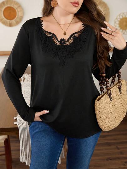 Lacomfia Elegant Casual Knit Textured Loose Lace Splice Collar Long Sleeve Plus Size Women T-Shirt, Spring/Summer