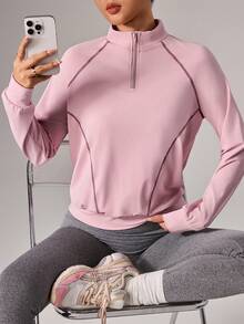 Dewbera 女士休闲撞色拼接立领插肩袖卫衣，秋季款 - 粉色 - 查看 7