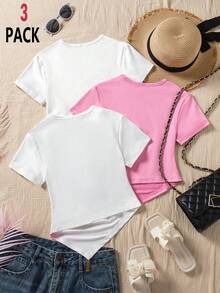 Sparklyn 3 piezas Camisetas ajustadas de manga corta y cuello redondo con bajo asimétrico para niñas, en negro, blanco y estampado de leopardo, blusas casuales de verano - Multicolor - Ver 2