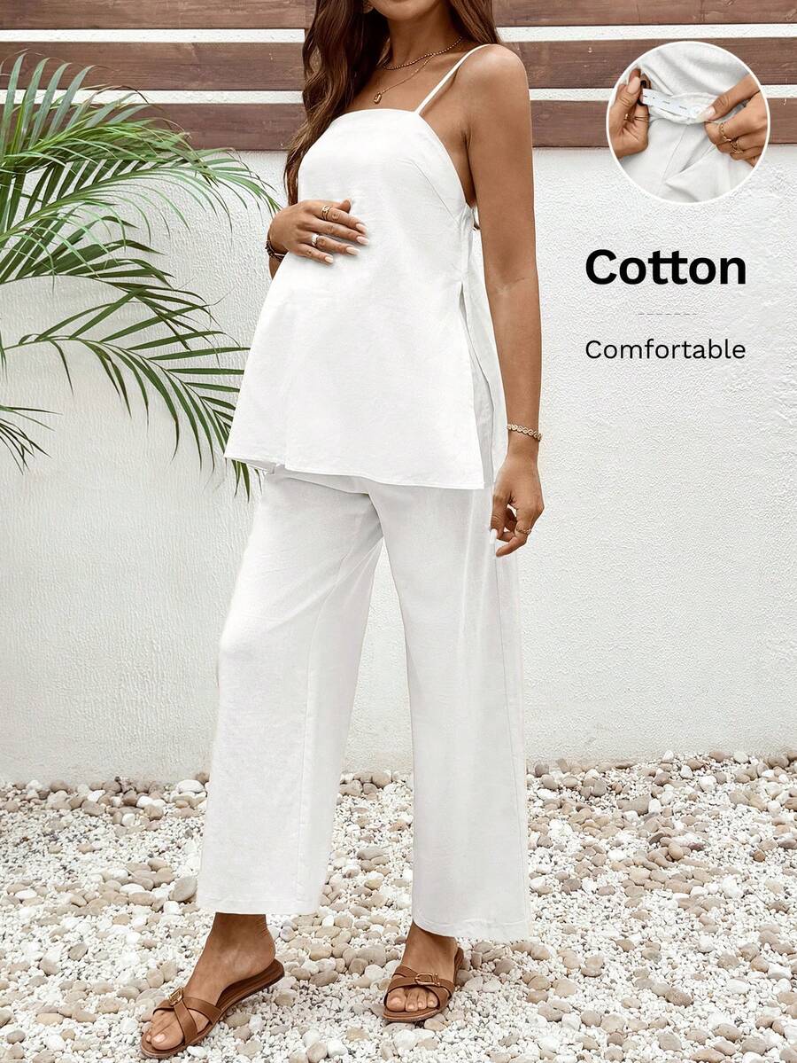 SHEIN 2pcs Maternity Solid Color Camisole Top And Pants Set - White - View 1