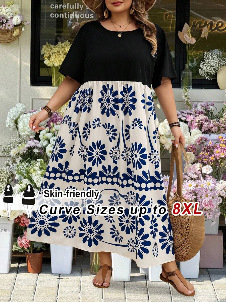 SHEIN CURVE+ Curve 加大码 US22 音乐节、海滨度假、波西米亚风 CURVE PLUS / / 女士夏季印花拼接连衣裙，波西米亚风海滩度假装，热带印花收腰 A 字长裙 - 彩色 - 查看 1