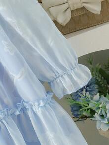 SHEIN Vintaside Kids 女童优雅公主风荷叶边领长袖提花刺绣双层荷叶边下摆宽松公主裙，适合度假、旅行、派对、送礼，春秋季穿着。 - 藍色 - 查看 6