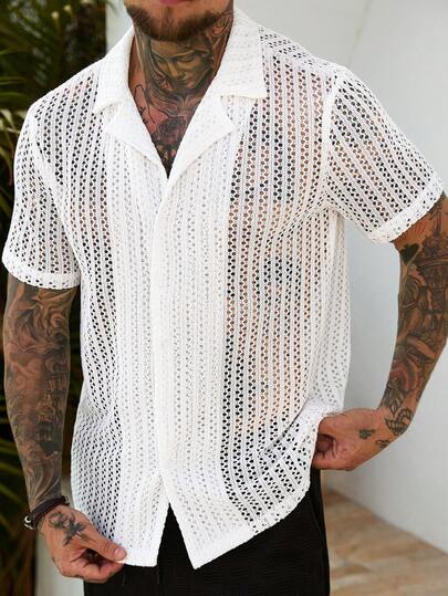 Manfinity CasualCool 男士夏季休闲度假沙滩网眼前开襟短袖衬衫