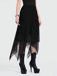 Breakform Chân váy nữ kiểu Gothic gợi cảm, màu trơn, chất liệu lưới phối nhiều mảnh, cạp chun, vạt bất đối xứng, dài đến đầu gối. - màu đen - Xem 3