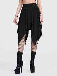 Breakform Chân váy ngắn nữ phong cách Gothic Retro cạp cao màu trơn, chất liệu vải dệt kim, vạt bất đối xứng, eo chun co giãn, có dây rút trang trí, thích hợp cho tiệc tùng, dạo phố, lễ hội, câu lạc bộ. - màu đen - Xem 5