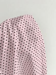 Elamini Áo thun nữ cổ chữ V sâu, chi tiết nhún bèo và họa tiết chấm bi dệt kim. - Hồng - Xem 4