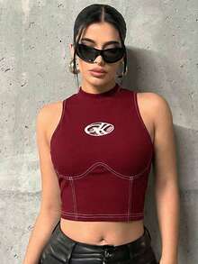 SHEIN ICON 印花明线拼接露脐黑色背心 - 酒紅色 - 查看 5