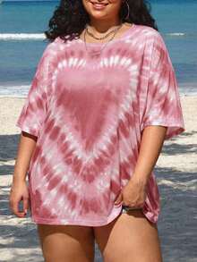 SHEIN CURVE+ Áo thun nữ cỡ lớn in hình trái tim nhuộm tie-dye, dáng rộng, vai rớt - Hồng - Xem 7