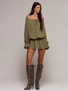 MUSERA Linen Lace Up Front Bardot Slouch Long Sleeve Mini Dress Spring Summer Sexy Date Night Club Festival Holiday Night Out Vacation Soul Ties - Army Green - View 5