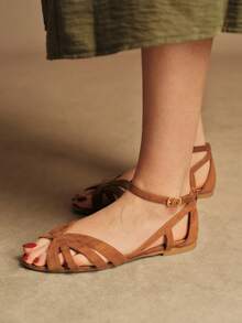 Rosivie Giày sandal nữ mùa hè mới, chất liệu da lộn màu nâu, kiểu dáng buộc dây, quai mảnh, hở mũi, gót cao kiểu La Mã, thời trang cho đi làm và dự tiệc. - màu nâu - Xem 3