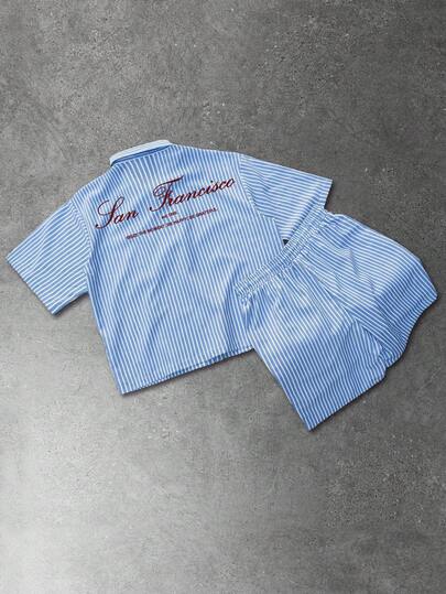 Men's Striped Short Sleeve Shirt And Shorts Set, Shirt With Left Chest Pocket, Matching Striped Shorts With Elastic Waist And Side Pockets, Oversized Boxy Fit, Casual Street Style, Suitable For Young Men, Boyfriend/Husband Gift, Couple Outfit