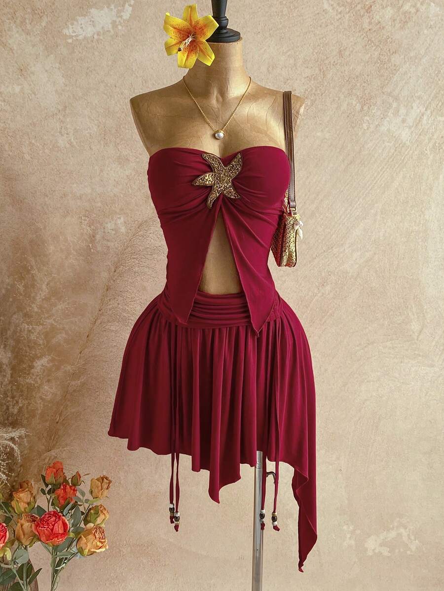 Soleia Women's Burgundy Summer Casual Vacation Holiday Beach Outfit, Cowgirl Style Drawstring Waist Asymmetric Ruffle Hem Mini Skirt And Top Y2K Set - Burgundy - View 1