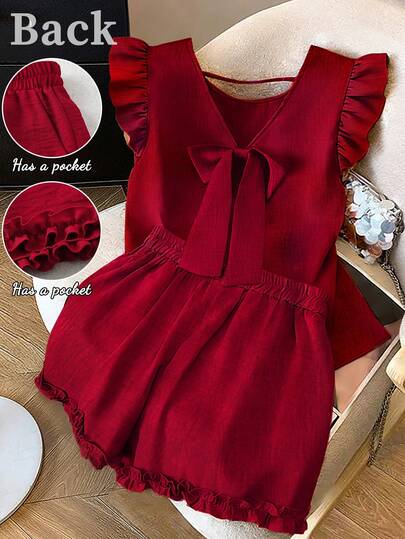 GlowEve CURVE Bộ đồ nữ cỡ lớn gồm áo hai dây cổ chữ U thắt nơ hở lưng và quần short viền bèo nhún, trang phục thường ngày thanh lịch cho mùa tựu trường, tiệc tùng, Giáng sinh, Ngày của Mẹ, lễ hội âm nhạc, mùa xuân/hè.