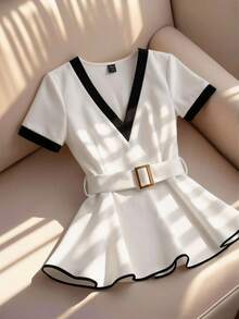 Franclia Women's Elegant V-Neck Metallic Belted Black And White Color-Blocked Blouse, A Stylish Workwear Piece, Suitable For Summer. Vacation, Women's Casual Top - Black and White - View 7
