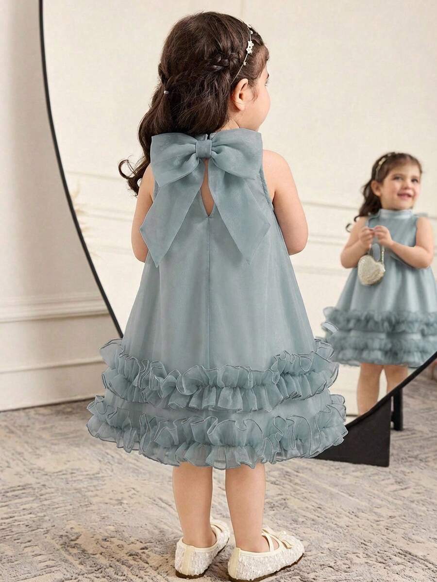 Vestido sin mangas elegante y lindo de organza verde con volantes y lazo para bebé niña - verde menta - Ver 1