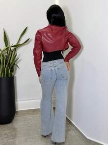 Vassilux 女士秋冬街头服饰 狂欢嬉皮运动休闲 Y2K 基本款皮革舒适拉链勃艮第红色修身短款长袖夹克 - 紅色 - 查看 2