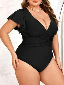 SHEIN CURVE+ Traje de baño de una pieza con diseño fruncido de color negro sólido para mujer de talla grande, adecuado para la playa y vacaciones - Negro - Ver 6