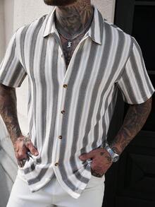 Manfinity Mode Men's Knitted Vertical Striped Textured Casual Vacation Short Sleeve Shirt - Multicolor - View 6