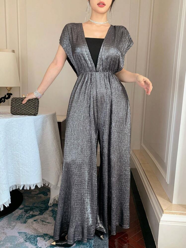 Spring & Summer Shiny Two Pieces Contrast Color Patchwork Batwing Sleeve Shawl Collar Dress, Suitable For Valentine's Day, Wedding, Party, Banquet, Fashion Show, Loose Waist Elegant Commuter Wide Leg Pants Romper