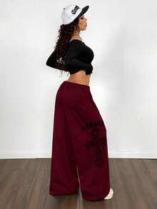 StreetHx Women's Punk Letter & Cross Print Wide Leg Sweatpants - Burgundy - View 2