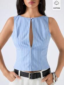 LYSMO 2026 Women's Casual Light Blue Striped Hollow Out Waist Camisole,Summer Chic Night Out Minimalism Cotton Stylish Blouses, Top For Women - Blue - View 5