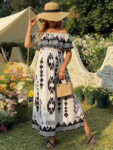 SHEIN Maternity Casual Geometric Print Off-Shoulder Dress For Summer - Multicolor - View 4