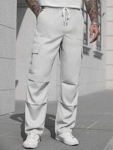 Manfinity CasualCool بنطلون رجالي بجيوب كارجو وخصر مربوط، لون أحادي، خريف - رمادي فاتح - مشاهدة 3