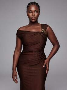 Elitara Elegantes romantisches Kleid in Große Größen mit asymmetrischem Ausschnitt, Schulterausschnitt, geraffter Taille und Meerjungfrauensaum, geeignet für Hochzeit, Party, Feier, Brautjungfer - Kaffeebraun - Übersicht 1