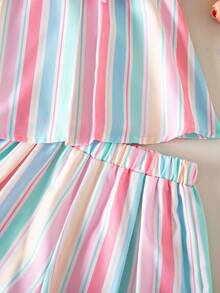 SHEIN Playful Pals Girls Colorful Striped Camisole Top With Pleated Design, Pink Bow Decor Shorts Set, Cute & Sweet For Daily Wear, Summer Summer Two Piece Set For Girls - Multicolor - View 5