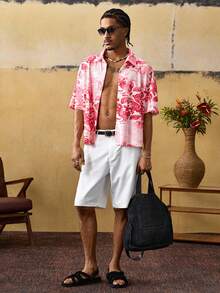 ROMWE MEN Casual Áo sơ mi nam tay ngắn cổ bẻ, chất liệu jacquard, cài một hàng khuy, kiểu dáng thường ngày, đa năng. - Hồng - Xem 7