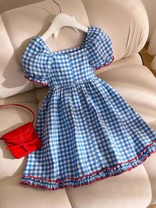SHEIN 1pc Young Girls' Summer New Off Shoulder Puff Sleeve Ruffle Trim Bow Tie Waist Plaid A-Line Cute Sweet Princess Dress - Blue - View 2