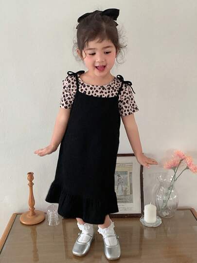 DAZY 女童豹纹休闲圆领T恤和纯色吊带背心两件套