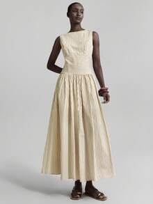 Ontre 2026春夏新款女士条纹拼接优雅圆领无袖收腰褶裥休闲连衣裙，适合日常穿着、复活节、夏季、休闲、长款、节日、婚礼等场合。 - 杏色 - 查看 4