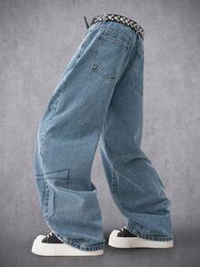 Manfinity Denimwave Men's Street Style Printed Washed Straight Leg Wide Jeans - Medium Wash - View 2