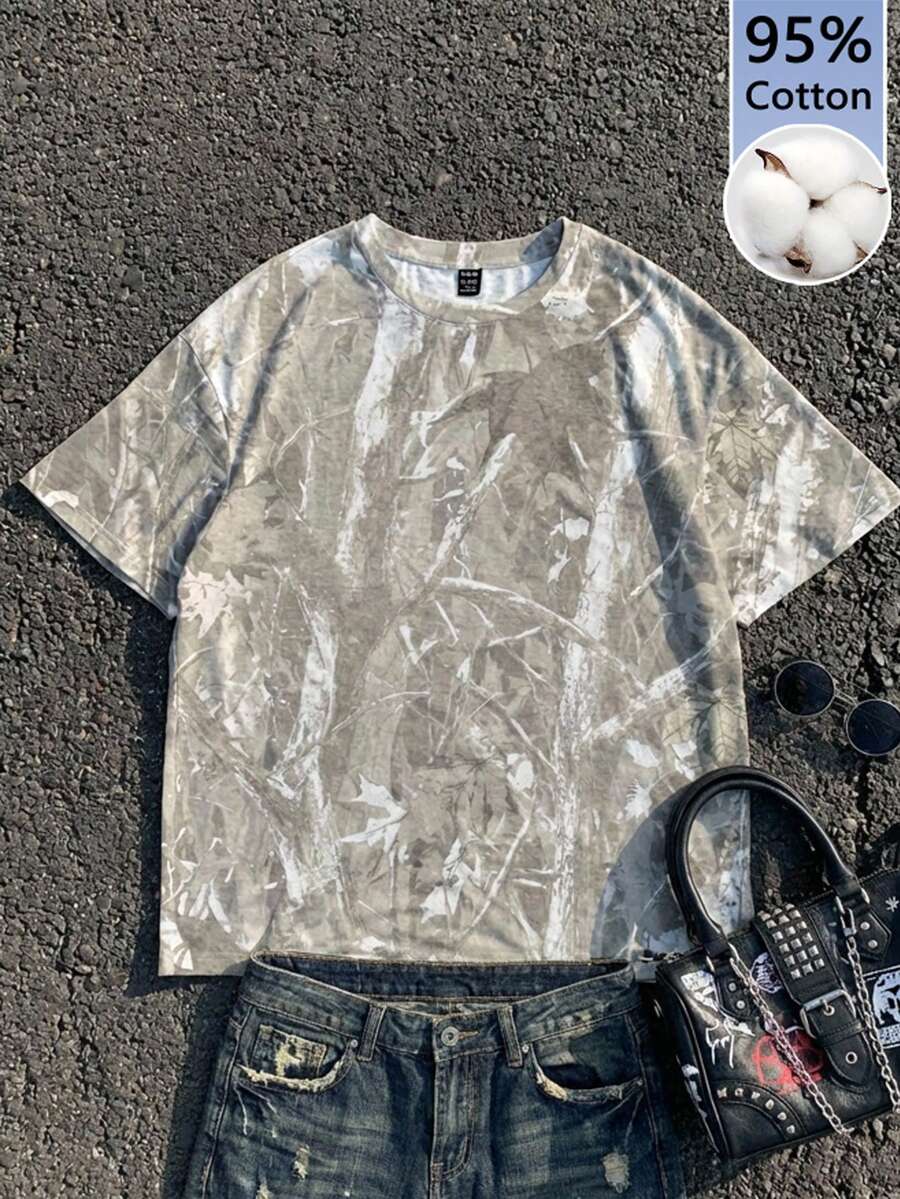 Attitoon 95%纯棉女士休闲简约圆领宽松短袖T恤 – 迷彩树枝印花街头朋克复古西部风节日居家上学Y2K软妹运动清新运动Z世代夏季骑行 - 彩色 - 查看 1