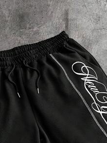 AXEPEAK Men's Casual Letter Print T-Shirt And Shorts Set, Summer - Black - View 6