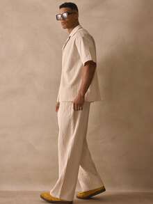 Musero Slim Fit Pleated Trouser Button Through Short Sleeve Revere Collar Textured Co Ord Set Outfit Spring Summer Essentials - Apricot - View 3