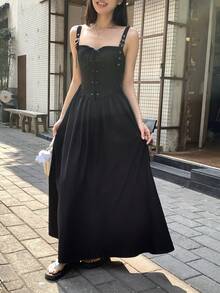 FRIFUL 女士吊带交叉系腰A字连衣裙 - 黑色 - 查看 9