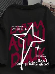 Manfinity Dauomo 男士美式街头复古涂鸦字母星形印花T恤，夏季宽松休闲短袖上衣 - 黑色 - 查看 4