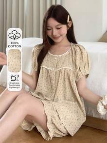 DAZY Summer Sweet Polka Dot Rabbit Print Contrast Trim Women Pajama Set - White - View 4