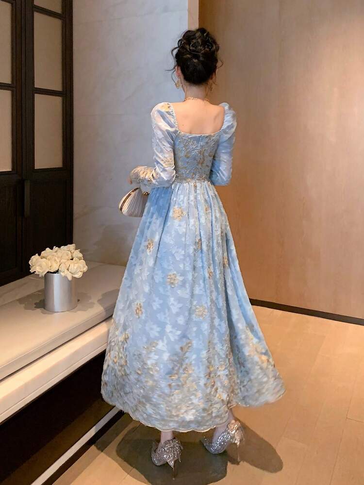 Spring & Summer Blue Textured Organza Embroidered Lace Dress, Floral All-Over Print, Suitable For Valentine's Day, Wedding, Party, Formal Occasion, Fashion Event, Elegant Commute, Waist-Cinching, Flared Maxi Dress, Vacation Fairy-Core, Long Sleeve Women's Mid-Length Dress Sundress