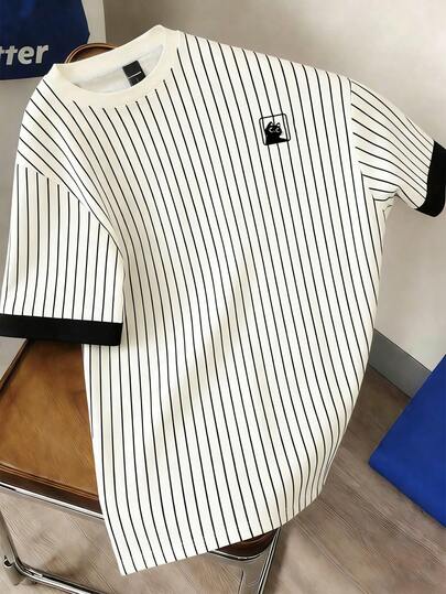 Manfinity Joysei 男士休闲趣味可爱黑猫印花拼接圆领T恤，条纹T恤，适合上学、送朋友