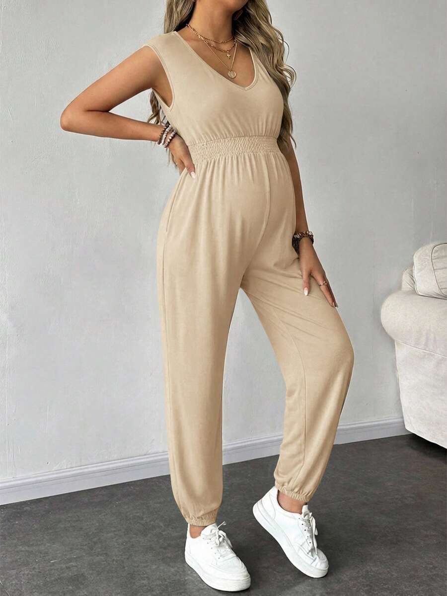 SHEIN Maternity Solid Shirred Sleeveless Jumpsuit, Casual Summer - Camel - View 1