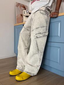 STEELVANCE Vintage Casual Loose Straight Leg Jeans With Multiple Pockets, Distressed Design, Versatile Streetwear Grey Baggy Jeans - Grey - View 2