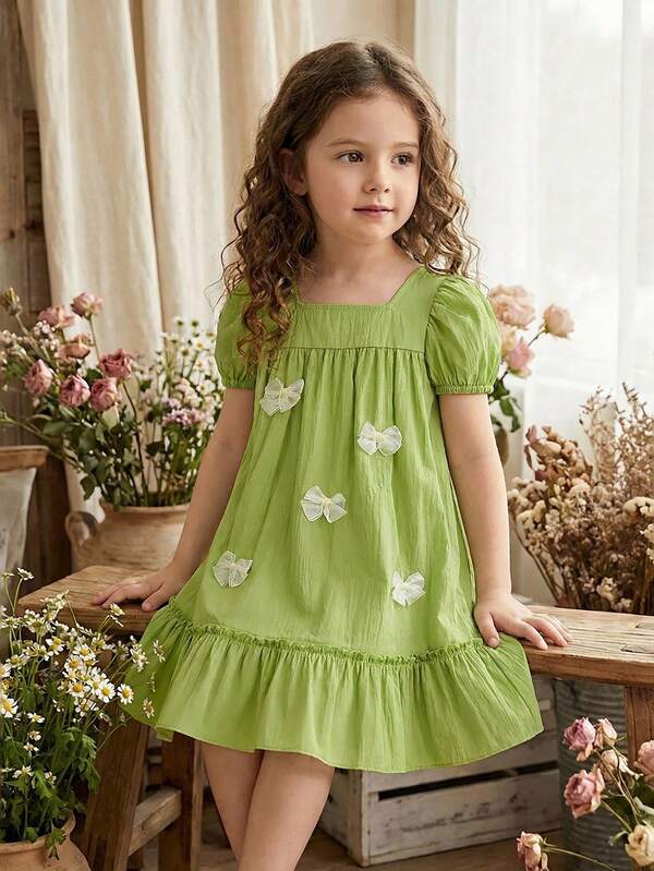 SHEIN Vintaside Kids Vestido casual elegante para niñas con cuello cuadrado, manga abullonada, línea A y volantes en el bajo, adecuado para vacaciones, fiestas, cumpleaños y primavera/verano