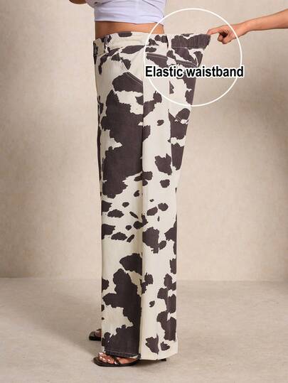 Elaquor Plus Size Casual Retro Cow Print Denim Jeans