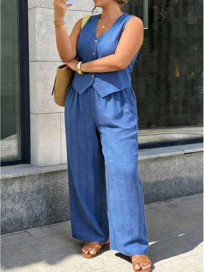 Lounesse Plus Size Summer Casual Solid Color Tank Top And Pants 2 Pieces Set