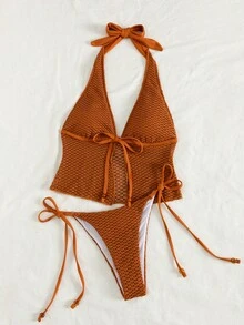 Swim Vcay Burnt Orange Crocheted Halter Tankini For Women Plain Pattern With Lace Up And Tie Side Bottoms Elegant Sexy Style Beach Vacation Summer - Orange - View 6