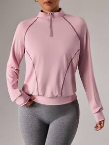 Dewbera 女士休闲撞色拼接立领插肩袖卫衣，秋季款 - 粉色 - 查看 3